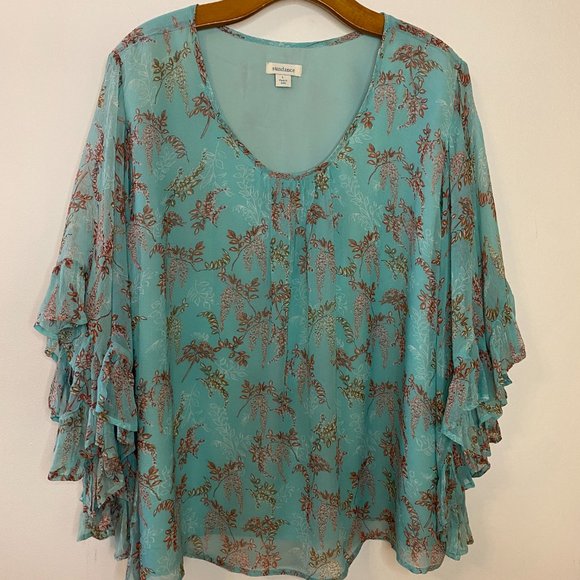Sundance Wilde Aqua Chiffon Ruffle Loose Fit Boho Top Size Large - Picture 11 of 13